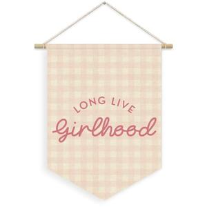 XYDEG Toddler Girls Room Nursery Wall Decor, Long Live Girlhood Linen Canvas Banner, Pink Checkered Girly Wall Hanging Pennant Flag Banner for Girls KidsBedroom Wall Art, 15x11in