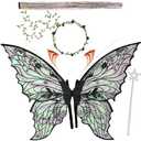 Fairy Wings for Adults and Girls，Fairy Costume Set with Floral Garland, Fairy Hair Tinsel, Wand & Elf Ears – 29"x21" Organza Butterfly Wings – Ideal for Cosplay, Party, Blus