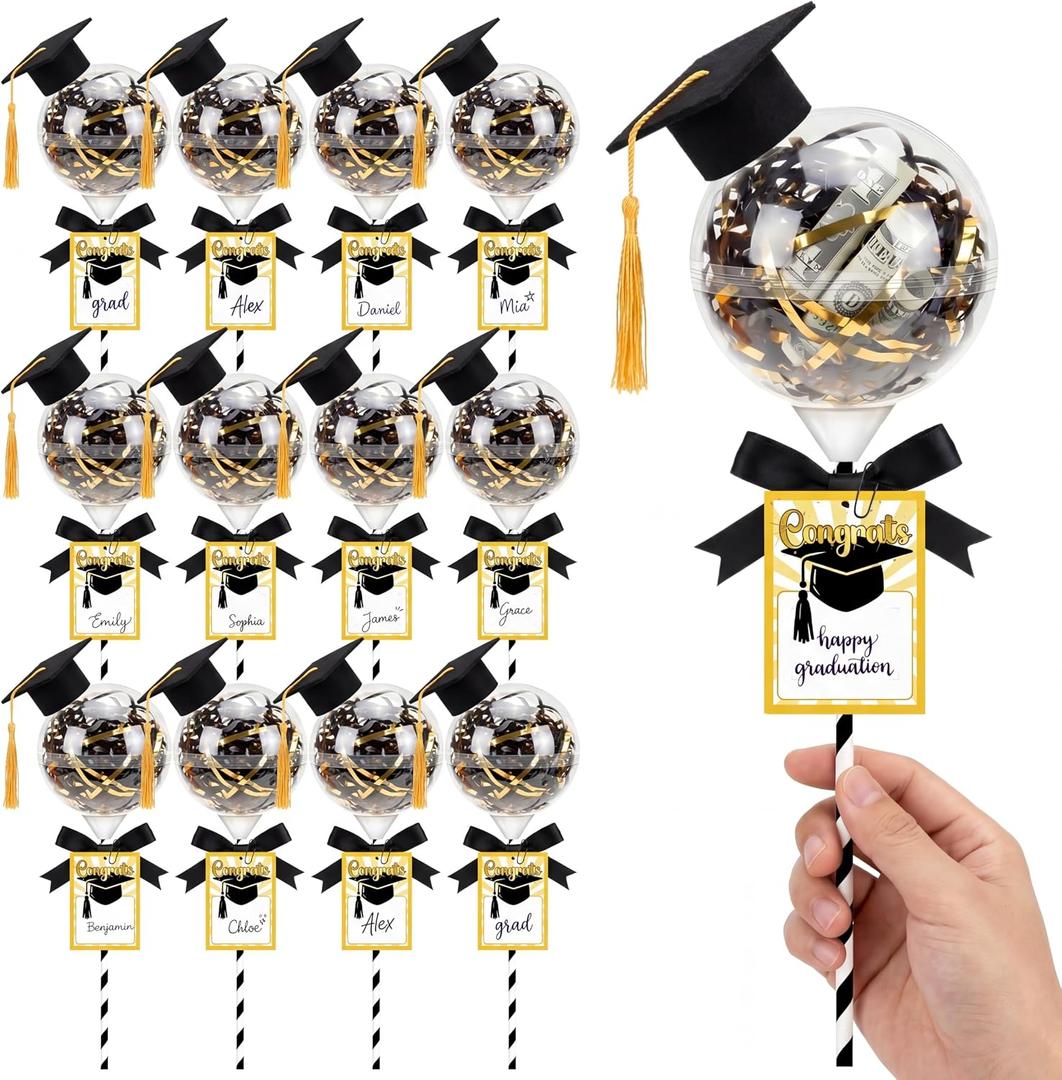 Gersoniel 12 Sets 2026 Graduation Party Favors for Guests 18 oz Graduation Cap Candy Container Class of 2026 DIY Grad Gift Money Box Jar with Congrats Card for Table Centerpiece Decor(Black & Gold)