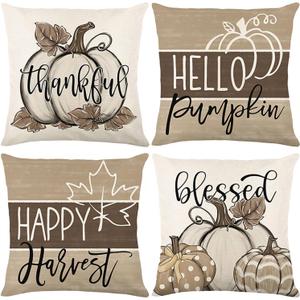 Fall Pillow Covers 18x18 Set of 4 Linen Vintage Floral Pillow Covers Pumpkin Decorative for Couch Bed Farmhouse Decorations for Home Gray Pillow Cover