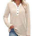 Khaki Shirt Women Striped Waffle Knit Tops V Neck Long Sleeve Blouses Dressy Casual Tunic Sweaters Trending Womens Clothes Cruise Outfits