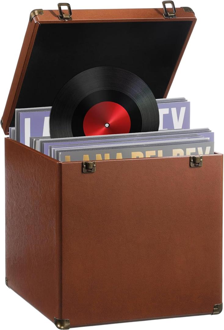 Large Vinyl Record Storage Case, 13 x 13 x 13 Inch for 100+ Single Records, Retro Lp Album Collection Display Box, PU Leather Water Resistant for 7/10/12 Inch Album Collection(Brown)