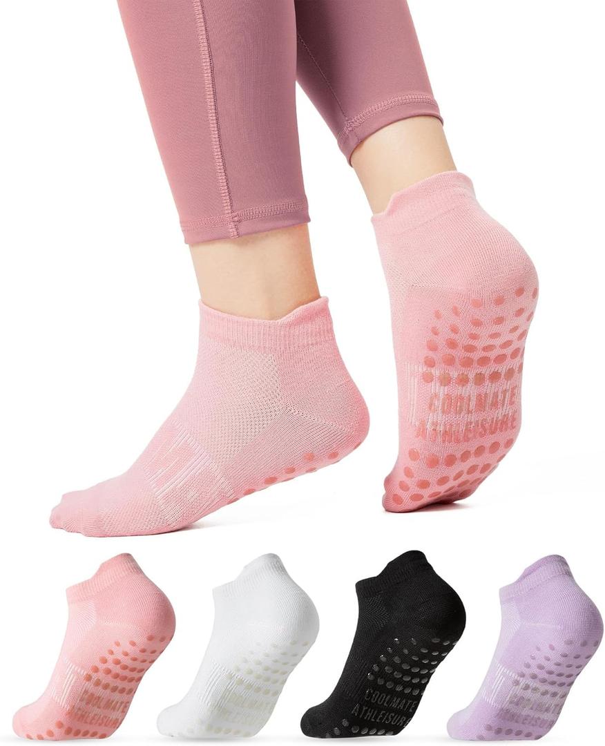 COOLMATE Pilates Socks with Grips for Women, Yoga Socks, Crew Non Slip Women for Barre, Pilates Gifts for Women 4 Pack, Size:6-7