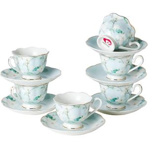 Porcelain Demitasse Cup Set of 6 (12-Piece) - 2.5oz Artisan Embossed Floral Cups and Saucers with Gold Trim for Turkish Coffee, Gift