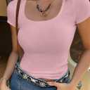 LOLONG Womens Short Sleeve Ribbed T Shirts Summer Casual Square Neck Lace Patchwork Tops (Pink)
