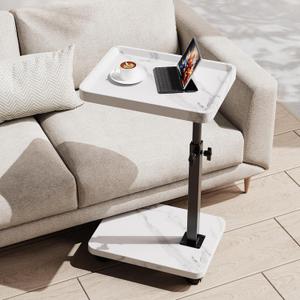 C Table End Table Adjustable Height, 360Swivel TV Tray Table for Small Spaces, Side Tables with Wheels for Living Room and Bedroom, Bed (White)