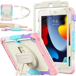 SEYMAC stock Case for iPad 9th/ 8th/ 7th Generation 10.2'', Shockproof with Screen Protector, Pencil Holder [360° Rotating Hand Strap] & Stand, for iPad 10.2 inch 2021-2019 (Yellowish+Pink)
