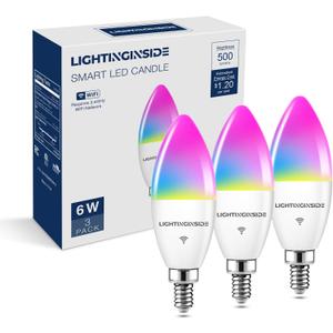 Lightinginside E12 Smart Light Bulbs 60W Equiv., 500LM 6W RGBCW Candelabra Chandelier Candle Bulb Works with Alexa/Google Home/Smart Life, 2.4G WiFi Bluetooth Bulbs, No Hub Required, ETL Listed, 3PCS