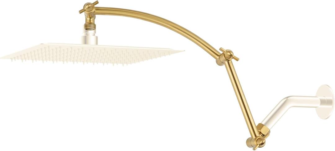 Hibbent Shower Head Extension Arm,16" Solid Brass Adjustable Extender with Lock Joint, Standard 1/2", Rise or Lower Rainfall and Fixed Shower Head, Height/Angle Adjustable Extension Arm, Brushed Brass