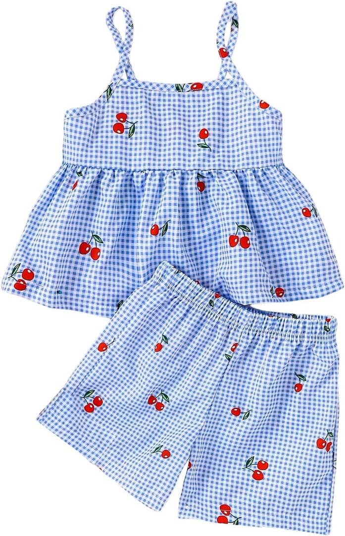 Toddler Girl's 2 Piece Cute Summer Outfits Plaid Cherry Camisole Top and Shorts Vacation Matching Set (4T, Light Blue)