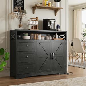 47" Black Storage Cabinet with Barn Doors and Drawers, Farmhouse Sideboard Buffet with Storage, Kitchen Pantry Hutch Cabinet, Coffee Bar Station Table for Kitchen, Livingroom, Dining Room