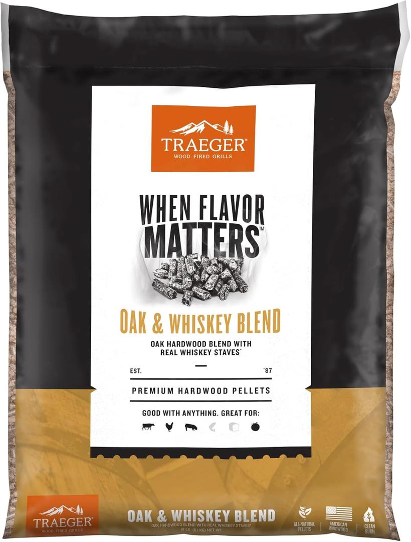 Traeger Grills Oak & Whiskey Blend 100% All-Natural Wood Pellets for Smokers and Pellet Grills, BBQ, Bake, Roast, and Grill, 18 lb. Bag