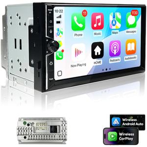 Double Din Car Stereo, 7" QLED Touchscreen 1280720, 2GB RAM 64GB ROM, Wireless CarPlay & Android Auto, Android 9 Quad-Core, Built-in GPS, Bluetooth 5.4, 5G WiFi, Backup Camera Support