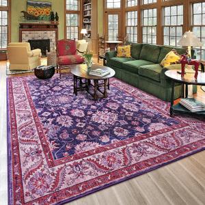 Area Rug for Living Room, 8x10 Area Rugs Washable, Retro Floral Non-Slip Carpet for Dining Room Home Office Nursery, Blue and Purple