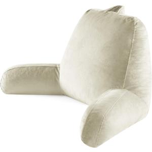 Reading Pillow for Sitting in Bed Adult, Reading Pillow with Shredded Memory Foam, Bed Pillow with Washable Cover, Back Pillow Sitting Up with Extend Arms, Beige, Large