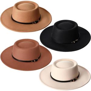 Pack of 4 JaGely Felt Hats for Women Wide Brim Felt with Belt Buckle Vintage Panama Boho Jazz Hat for Burning Wedding Tea Party (Khaki, Black, Brown, Beige With Black Belt)