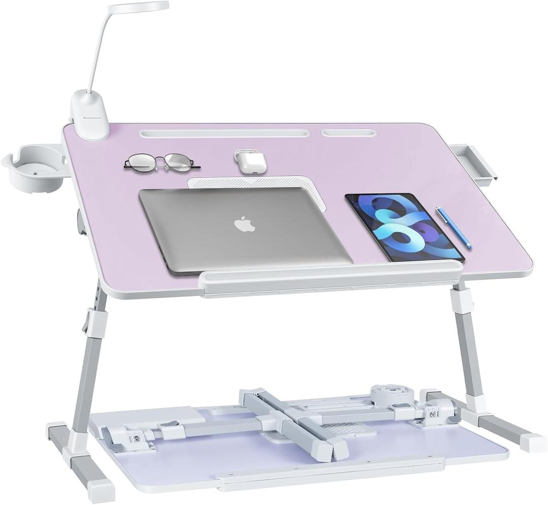 iXTRA Laptop Lap Desk with Cooling Fan - Adjustable Bed Desk with Light, Bed Table with Cup Holder&Phone Holder - Storage Drawer Desk - Folding Bed Desk,Purple,70x45cm