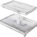 Yalikop Farmhouse Tiered Tray Stand - Wooden Rustic 2 Tier Rectangular Tray Serving Stand for House Kitchen Cake(White)