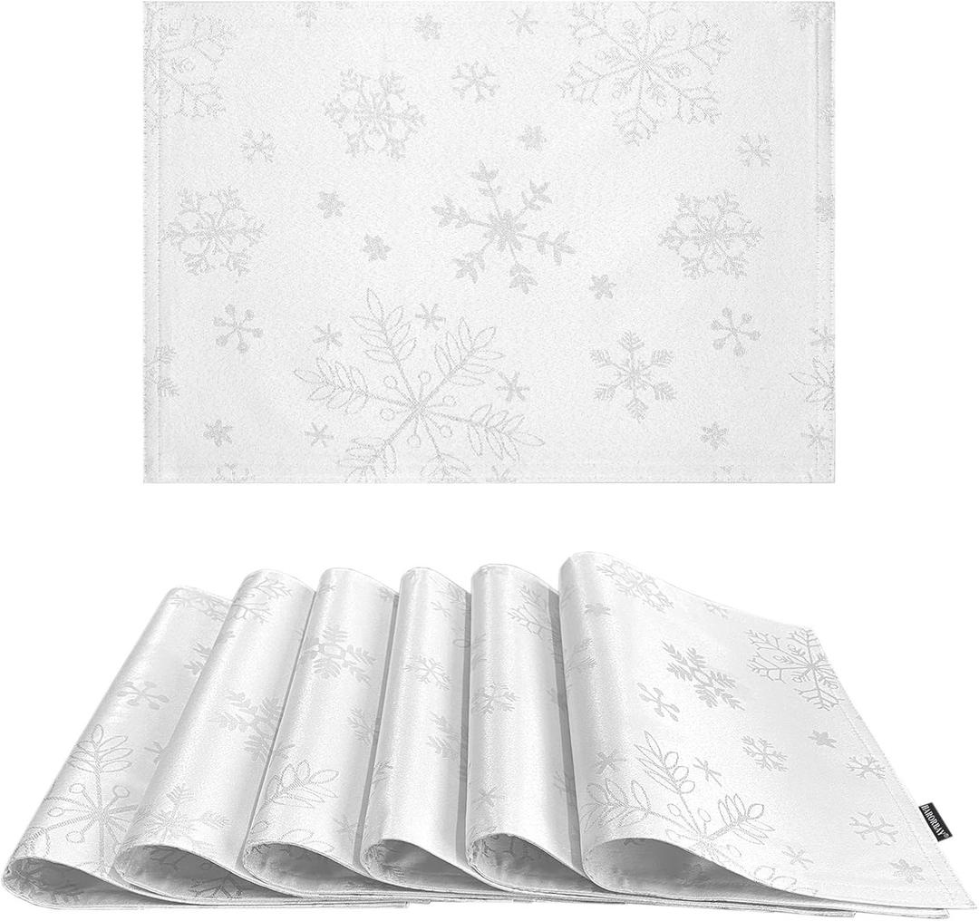 HARORBAY White Placemats Set of 6, Silver Snowflake Placemats for Dining Room Kitchen Party Winter Holiday, Heavy Weight Soft Farmhouse Place Mats (Icey Serie, 13 x 19 Inch)