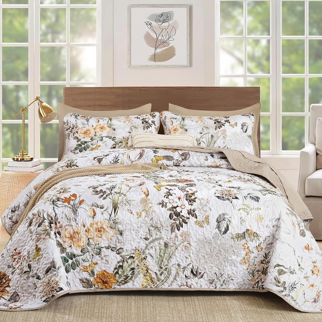 Anibedding Floral Quilt Set King Size, 3Pieces White Microfiber Lightweight Besspread for Bedroom Living Room All Season Use