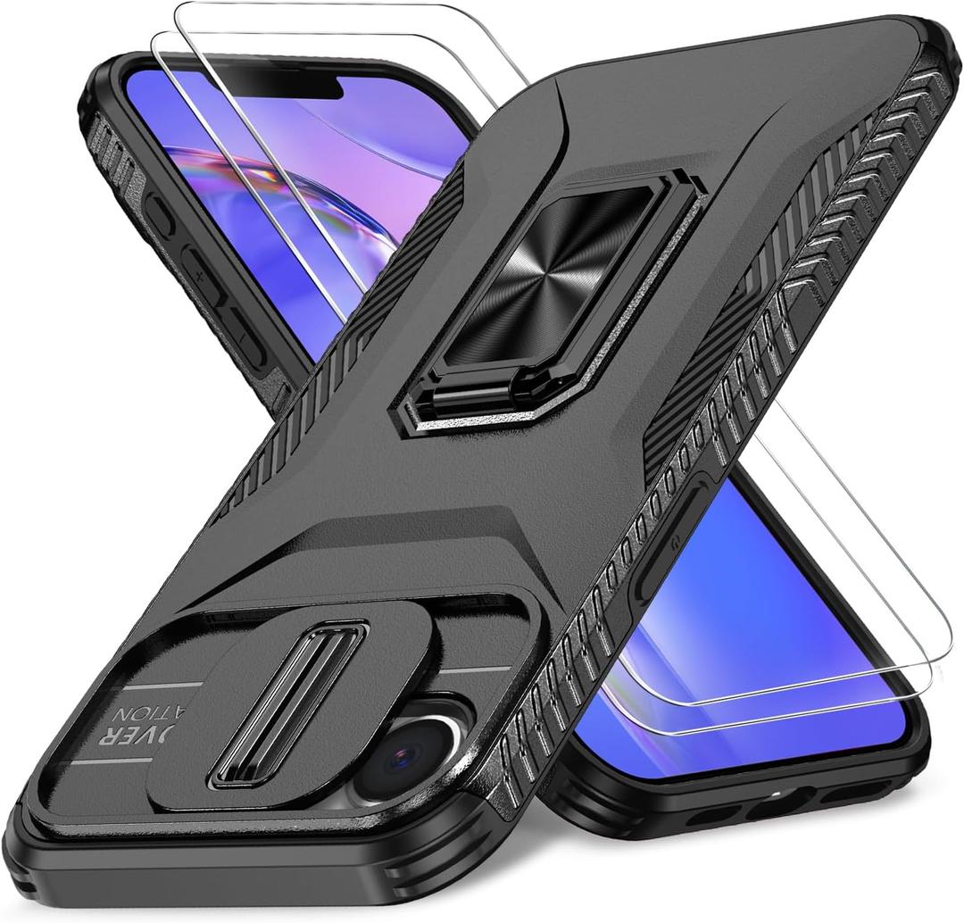 Case for iPhone 16e/17e with Slide Camera Cover+HD Screen Protector(2 Packs), Military Grade Shockproof Protective Cover, Rotated Ring Kickstand(A - Black)