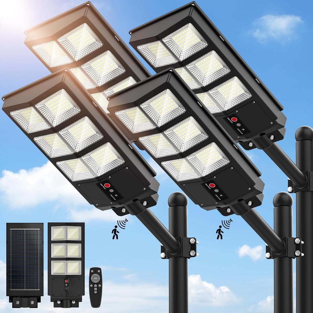 Sunwish Solar Street Lights Outdoor, Wide Angle Solar Lights Outdoor Flood Lights Motion Sensor Dusk to Dawn Remote Control Waterproof IP66, Parking Lot Lights Commercial for Yard(4 Packs)