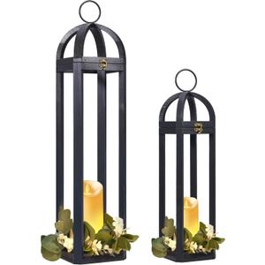 HPC Decor Rustic Farmhouse Lantern Decor-2 Pack Tall 30 Vintage Wooden Lanterns, Modern Candle Lanterns Decorative w/Light String &Garland for Indoor, Outdoor, Fireplace Mantle Decor, Extra Large Black