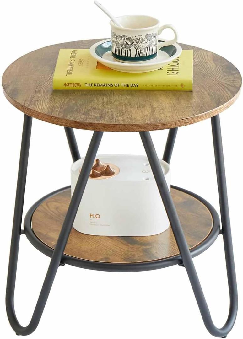 2 Tier Round Side Table, Rustic Brown End Table with Metal Frame for Small Spaces, Accent Coffee Table, Sofa Table, Nightstand Table for Living Room, Bedroom
