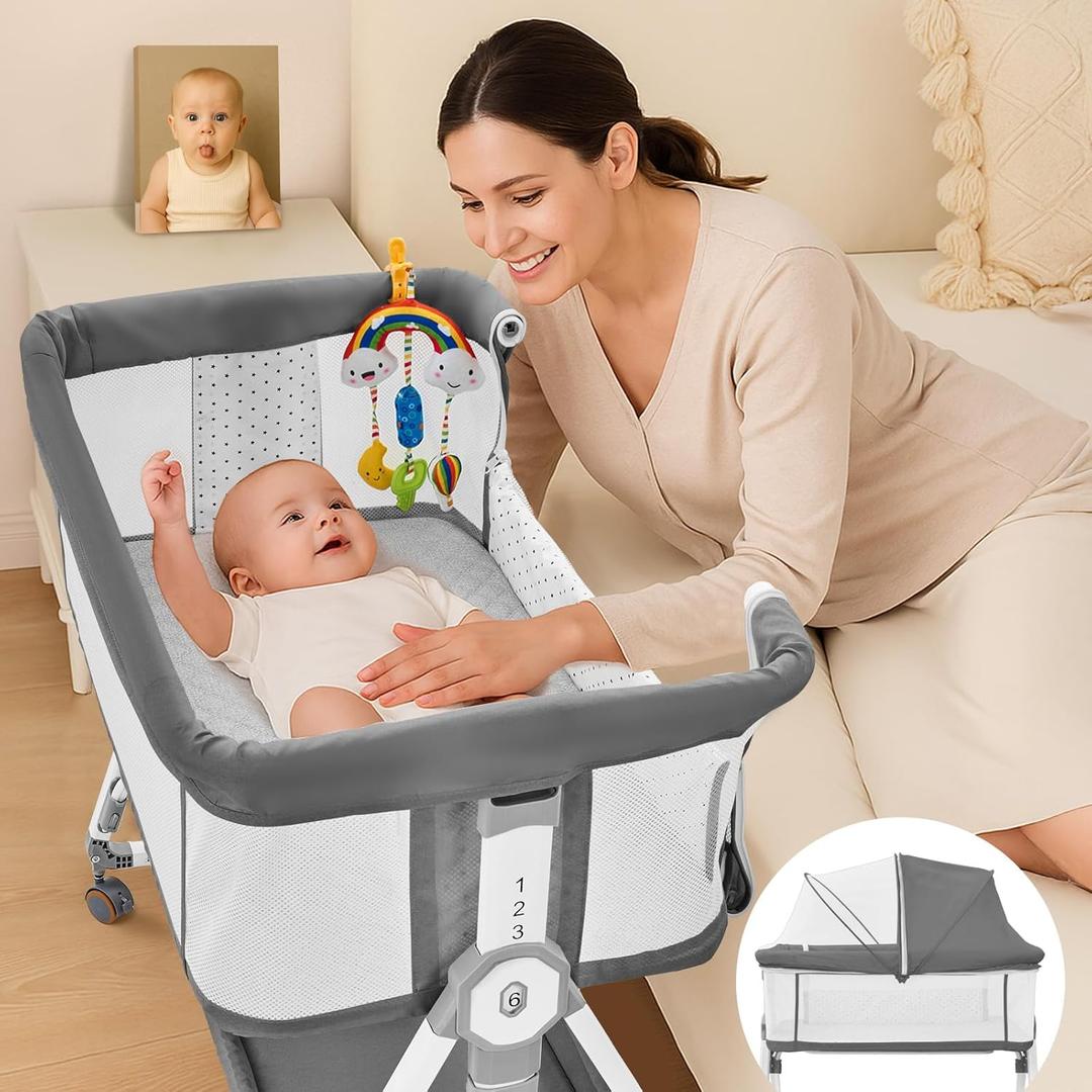 4-in-1 Baby Bassinets Bedside Sleeper, Bedside Bassinet with Wheels, 6-Height Adjustable Bassinet with Soft Mattress, Mosquito Net, Soothing Toy for Newborns & Infants(Grey)