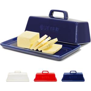 Gute Butter Dish with Lid for Countertop, Covered Ceramic Butter Dish, Butter Tray Storage for 1 Stick of Butter, Butter Keeper Container with Handle for Kitchen, Navy Blue