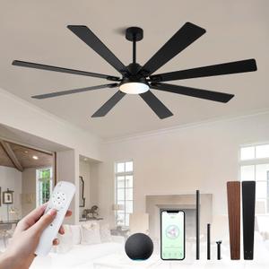 72Inch Large Ceiling Fan with Lights and Remote,Black Indoor & Outdoor Ceiling Fan for Living Room,Patio,6 Speed,Quiet DC Motor,3CCT,8 Wooden Blades