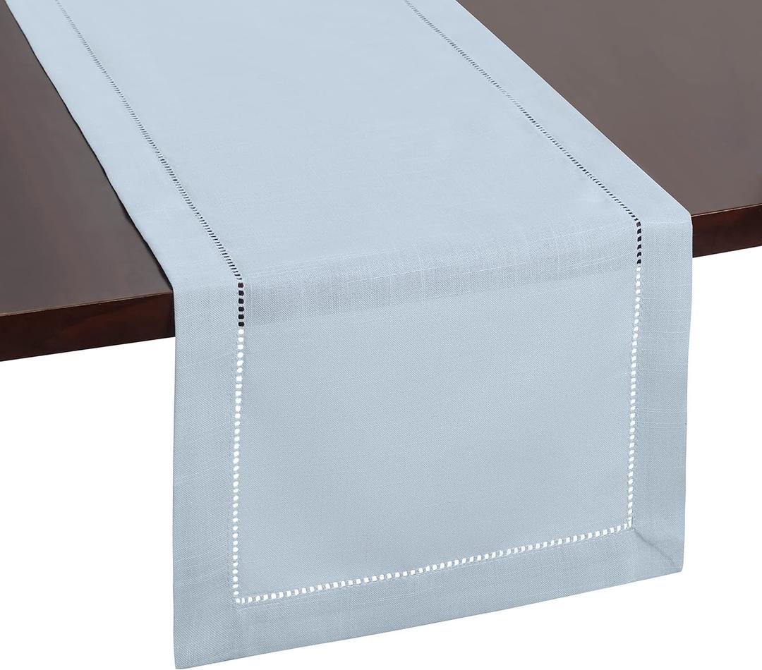 Light Blue Table Runner with Hemstitch  Dusty Blue Table Runner for Home Decor, Weddings, Baby Showers & Dining Room Decorations (14 x 54 Inches Long)