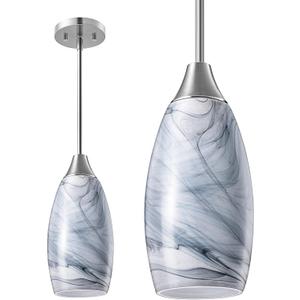 EDISHINE Pendant Light Fixture, Handcrafted Art Glass Hanging Light, Hardwired Ceiling Light, Grey Marble Glass Shade, Adjustable Brushed Nickel Rods, E26 Base, Pendant Lamp for Kitchen Island, Bar