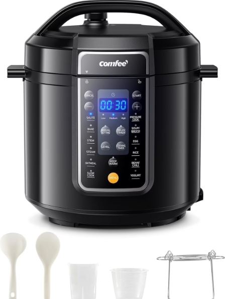 COMFEE Pressure Cooker 6 Quart with 13 Cooking Functions, Olla de Presion Non-Stick Pot Yogurt Maker Rice Cooker Slow Cooker Saut Steamer, Healthy Ceramic Inner Pot (Black)