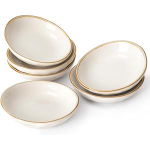 Famiware Ocean Soy Sauce Dishes of 6, Oval Dipping Sauce Cups/Bowls/Dishes for Kitchen, 2.1oz Ceramic Small Bowls for Side Dish, Appetizers, Snacks, and Sushi, Dishwasher Safe, Vanilla White