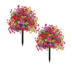 2 Pack Artificial Topiary Trees with Ground Spike, 23.6" UV Resistant Artificial Flowers Fake Boxwood Plants Outdoor for Garden Patio Home Decor (Colorful)