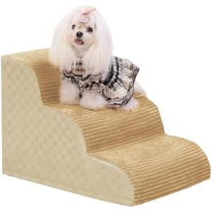 Dog Stairs Ramp for Couch 15.7”H, 3-Step Pet Stairs for Small Dogs with High Density Foam, Dog Slope Stairs with Durable Non-Slip Bottom for Puppy Khaki
