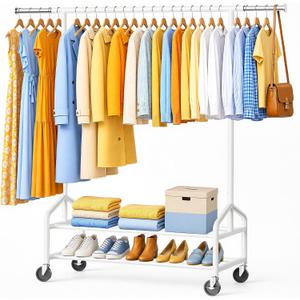 Heavy Duty Clothes Rack, Rolling Clothing Rack Load 650 LBS for Hanging Clothes with 2 Sturdy Shelves, Metal Garment Rack with Wheels for Bedroom, Laundry Room, Retail Store, White