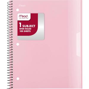 Mead Spiral Notebook, 1 Subject, Wide Ruled Paper, Plastic Cover, 8" x 10-1/2", 100 Sheets, Pastel Pink (930092B)