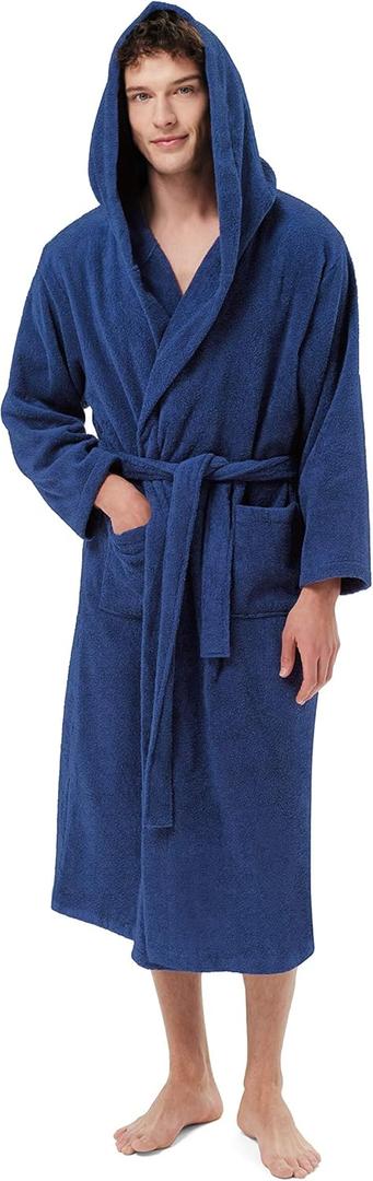SIORO Mens Hooded Terry Cloth Robe, Big and Tall Bathrobe, Full Length Cotton & Absorbent Robe for Spa, Shower & Sleepwear (Blue, L)