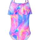 Tziharora Girls Swimsuits Size 3t 4t One-Piece Ruffled Neckline Blue Pink Aurora Bathing Suits with Sun Protection