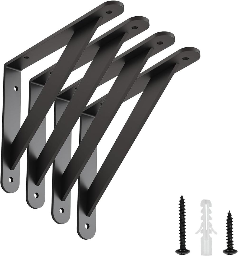 Shelf Brackets with Beam, Heavy Duty Shelf Bracket, 6 x 8 inch 4 Pack Black Metal L Brackets Wall Bracket for Shelves Support Bracket for DIY Decorative with Screws