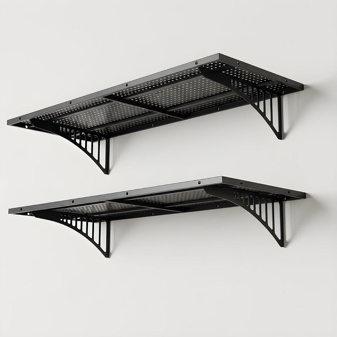2-Pack 1.6x4FT Garage Wall Shelving, Metal Garage Shelves Wall-Mounted, 600 lbs Capacity Heavy Duty Floating Shelves, Black
