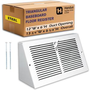 Fits 12x6 Duct Opening | Steel Triangular Baseboard Air Supply Grille with Damper by Handua| Air Register Vent Cover Grill | 3-13/16" Depth | White | Outer Dimensions: 13-3/4" x 6-5/8"