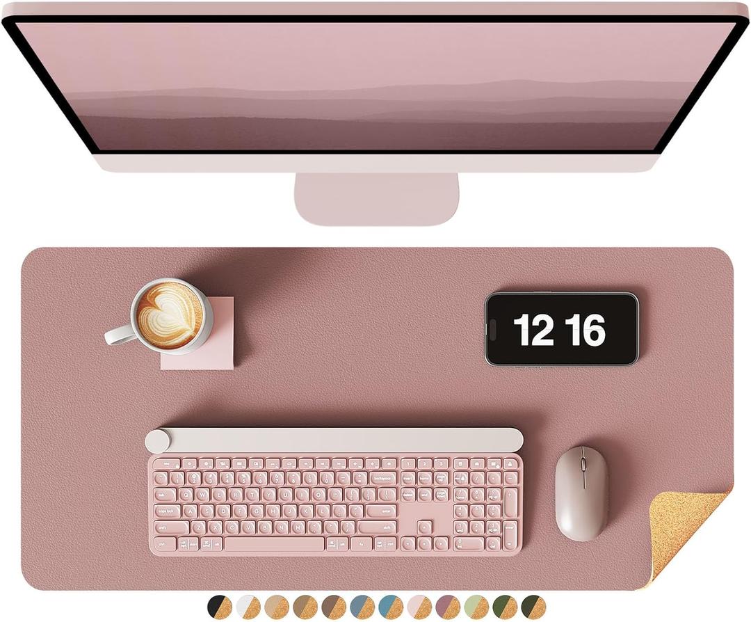YSAGi Double-Sided Desk Pad, 23.6"x13.7" Leather Desk Mat, Eco Cork Desk Pad Protector, Large Mouse Pad for Desk, Waterproof Desk Blotter Pad, Desk Writing Pad for Office Work/Home(Pale Mauve/Cork)