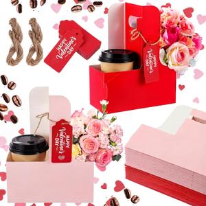 100 Pack 2 Cup Drink Carrier with Handle Kraft Paperboard Cup Holder Portable for Valentine Mother's Day Teachers' Day for Hot Cold Drinks Coffee Caddy with Heart Card Rope (Red,Pink)