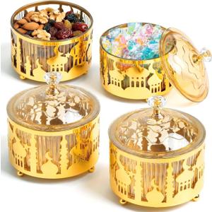 4 Pcs Ramadan Serving Trays with Lid Metal Gold Eid Mubarak Tray Decorations Ramadan Plate Food Storage Container for Serving Cookie Candy Pastry Dessert Eid Party(Classic)