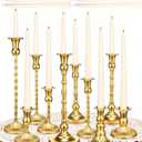 Suclain 24 Pcs Brass Gold Candlestick Holders and Taper Candles Set 12 Vintage Taper Holders with 12 Tall Candles Decorative Candlestick Modern Centerpiece for Wedding Birthday Halloween Christmas