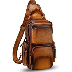 IVTG Genuine Leather Sling Bag Crossbody Casual Hiking Daypack Vintage Handmade Chest Bag Shoulder Backpack Motorcycle Pack (Brown)