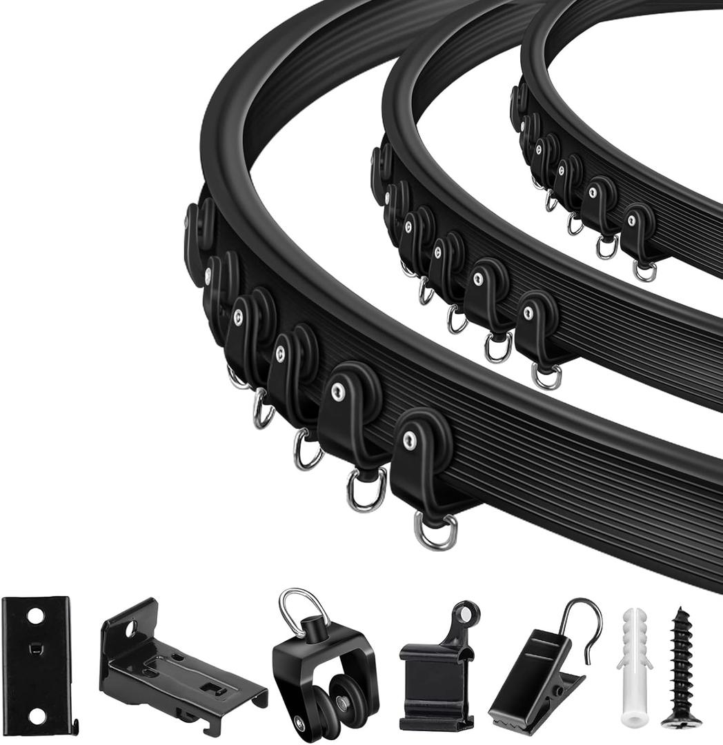 TOKPLNU Ceiling Curtain Track, 12 Ft Black Flexible Bendable Curved Curtain Rail Wall Mount Sliding Ceiling Track System Set for Bay Window, Room Divider